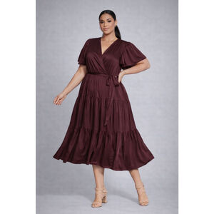 City Chic Sweetness Maxi Tiered Dress Oxblood Faux Wrap Belt Size L 20 NWT